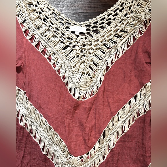 Umgee Boho Tiered Crochet Macrame Popover Long sleeve Tunic. Orange/Tan, Sz LG - Picture 5 of 6